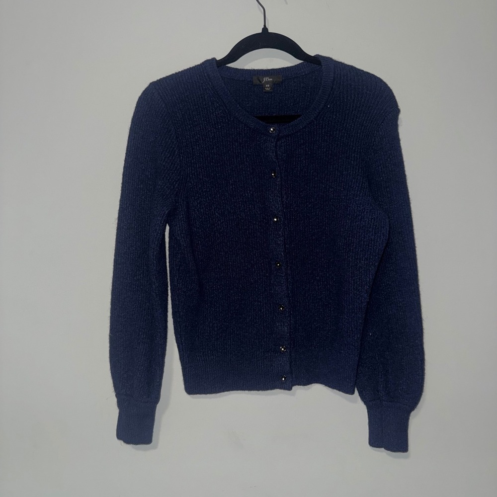 J‎ Crew Navy Blue Textured Jeweled Button Up Cardigan Sweater Womens XS